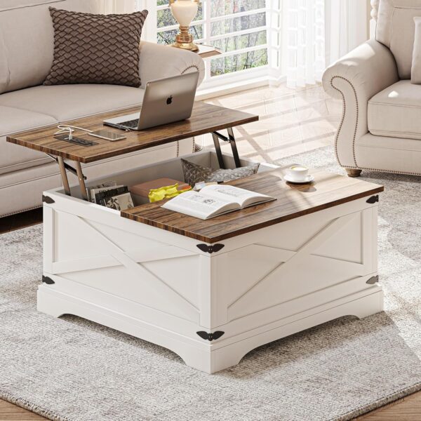 Lift-Top Square Coffee Table with Storage & Charging Ports, White Farmhouse Table for Living Room, 31.5"