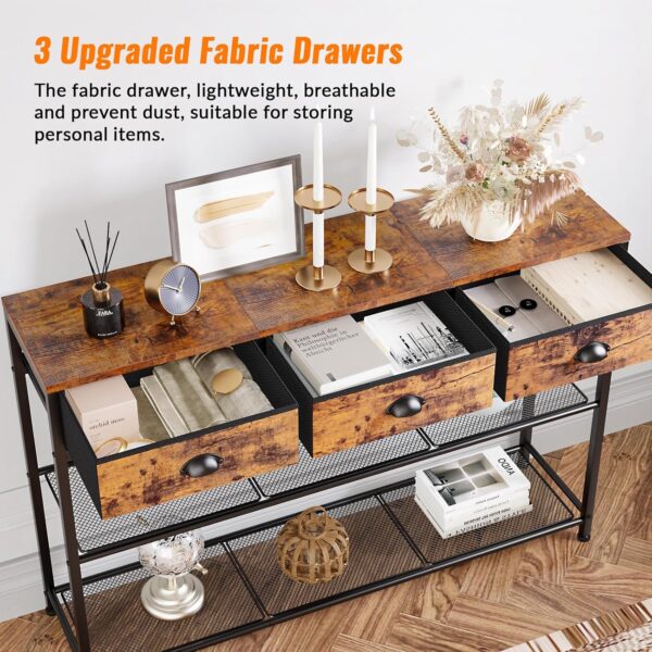 Entryway Console Table, 38" Sofa Table with 3 Fabric Drawers & Storage Shelves, Industrial Rustic Brown for Living Room, Hallway, Foyer - Image 2