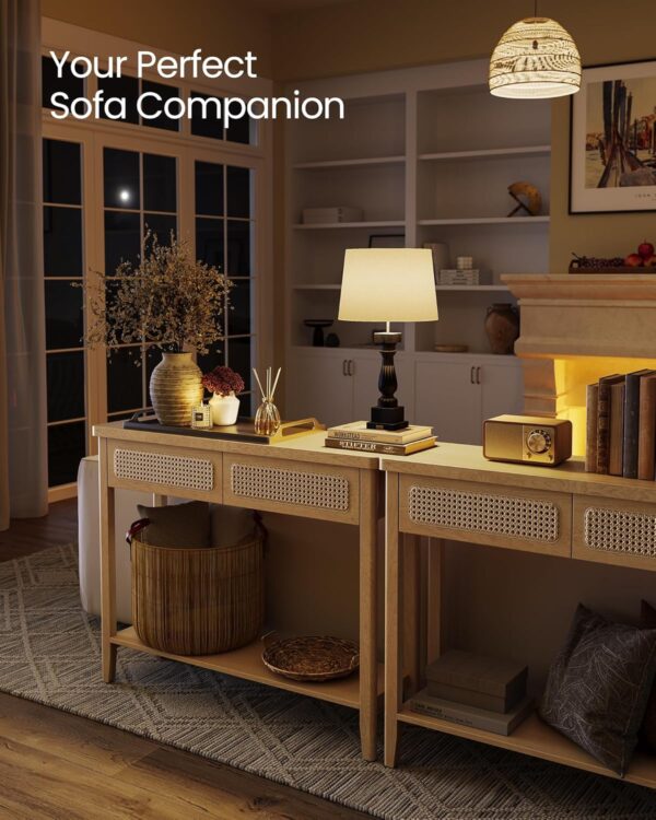 Boho Console Table, Narrow Entryway/Sofa Table with 2 Drawers & Open Shelf, Rounded Corners, Oak Beige - Image 4
