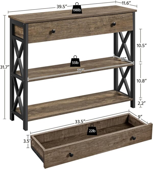 Console Table with Drawer & 2 Open Shelves, 3-Tier Narrow Entryway/Sofa Table, X-Design, Taupe Wood - Image 3