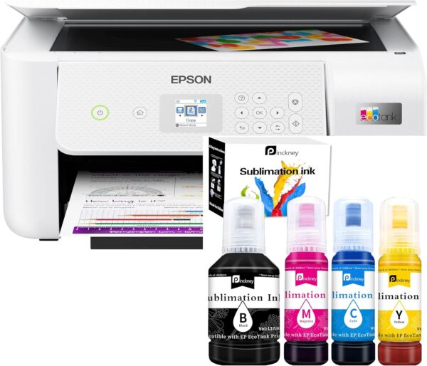 Cartridge-Free Super-Tank Printer – Sublimation Ink Bundle, Heat Transfers, Built-in Scanner & Copier (White)