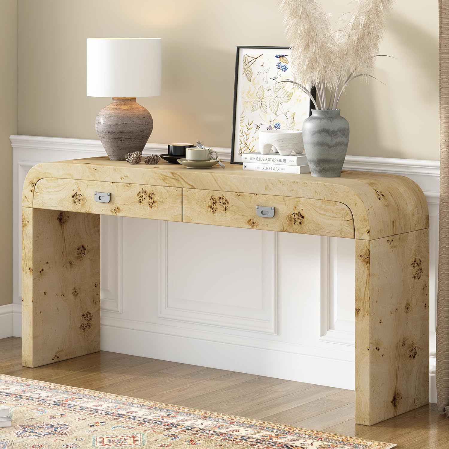 Farmhouse Entryway Table, Natural Wood Console with Burl Wood Veneer, 60"L x 15.7"W x 31.7"H