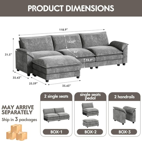 119" Modular L-Shaped Sofa with Reversible Ottoman, Chenille Deep Seat Couch for Living Room, Light Grey - Image 4