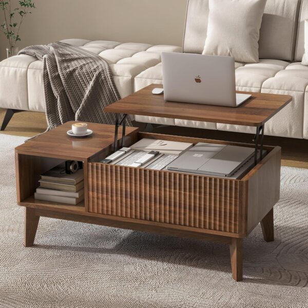 Fluted Lift-Top Coffee Table with Hidden Storage, Modern Walnut Center Table for Living Room or Office - Image 5
