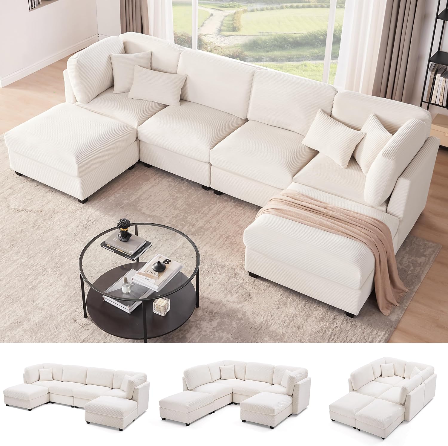 125" Oversized U-Shape Corduroy Sectional Sofa, 6-Seat Convertible Couch with Storage & Memory Foam, Beige - Image 5