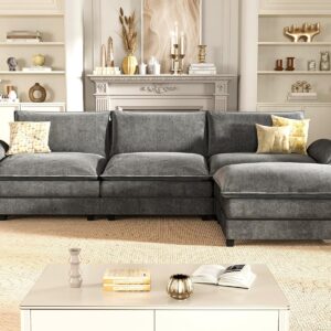 119" Modular L-Shaped Sofa with Reversible Ottoman, Chenille Deep Seat Couch for Living Room, Light Grey