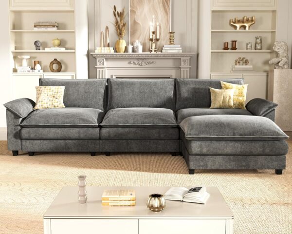 119" Modular L-Shaped Sofa with Reversible Ottoman, Chenille Deep Seat Couch for Living Room, Light Grey