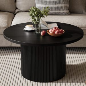 Black Round Coffee Table with Storage, 35" Wood Accent Center Table for Living Room Apartment