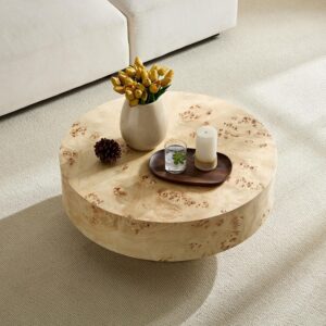 Round Burl Wood Coffee Table with Storage, 31.5" × 14", Modern Accent Drum Table for Living Room & Small Spaces