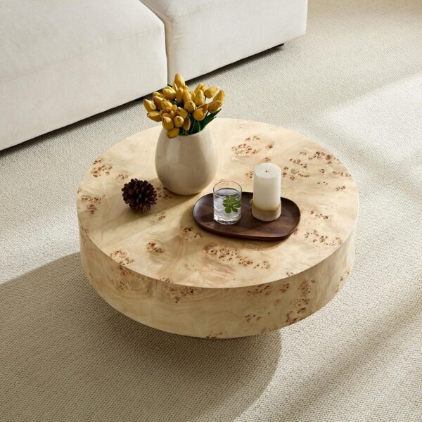 Round Burl Wood Coffee Table with Storage, 31.5" × 14", Modern Accent Drum Table for Living Room & Small Spaces