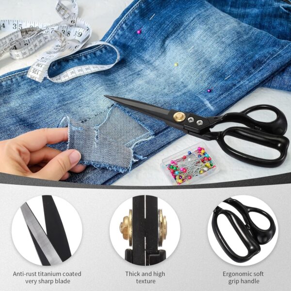 9" Heavy-Duty Fabric Scissors Set – Tailor Shears with Tape Measure, Thread Snips & Seam Rippers (Black) - Image 2