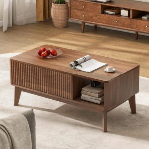 Fluted Lift-Top Coffee Table with Hidden Storage, Modern Walnut Center Table for Living Room or Office
