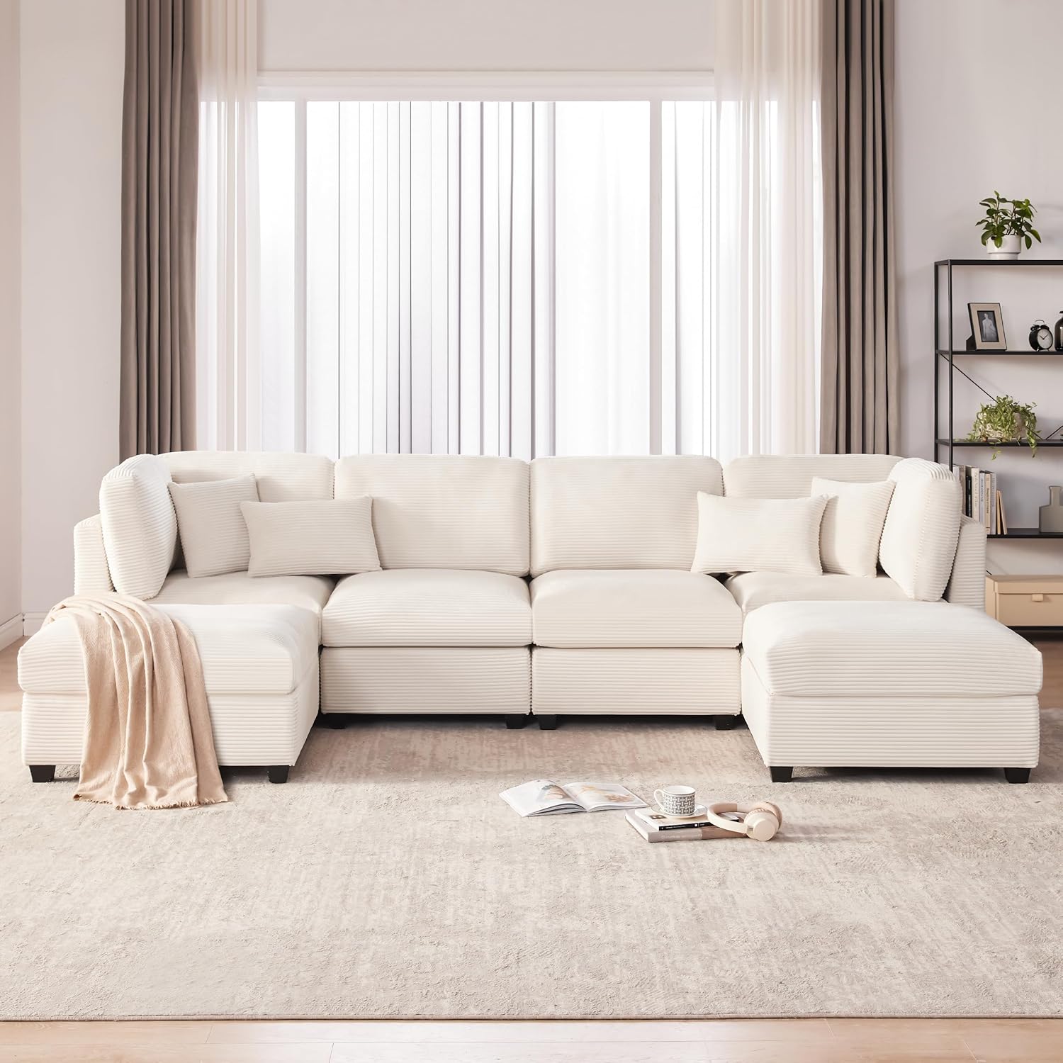 125" Oversized U-Shape Corduroy Sectional Sofa, 6-Seat Convertible Couch with Storage & Memory Foam, Beige