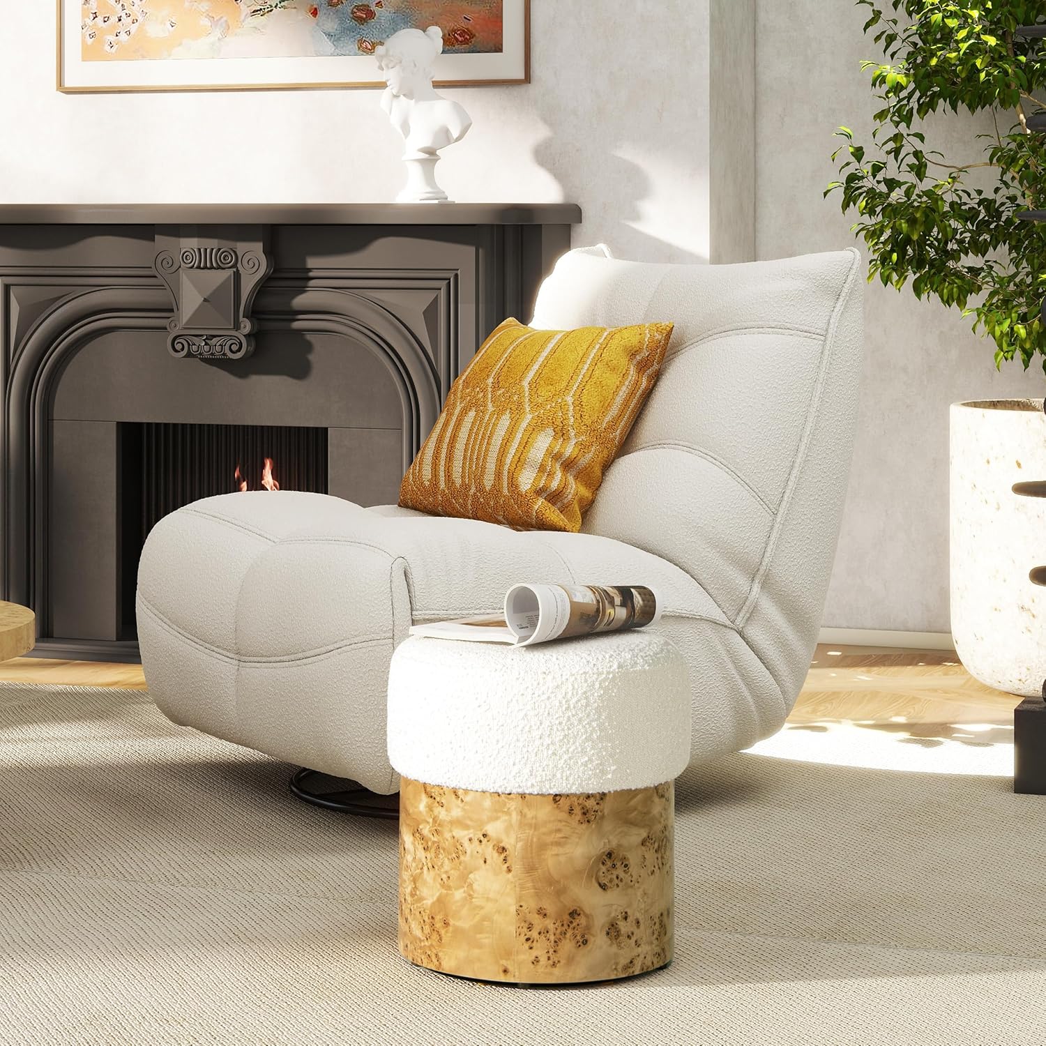 Nebula Round Burl Wood Upholstered Ottoman, Ivory White Boucle - Image 5