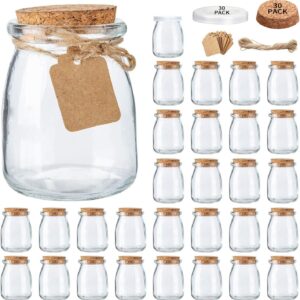 30-Pack Mini Yogurt Glass Jars – 7 oz with Cork Lids, Pudding Containers & Wedding Favor Tags