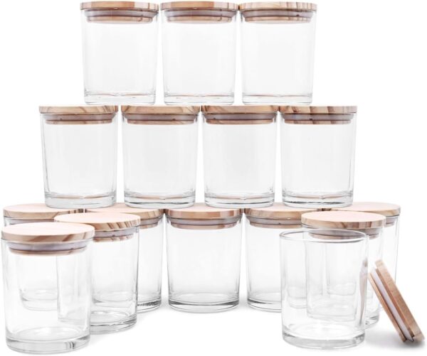 Thick Candle Jars – 16 Pack 7oz Clear Jars with Wood Lids for Candle Making & Samples