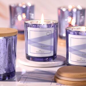 15 Pack Glass Candle Jars – 8oz Purple with Lids, 20 Labels, Mercury Glass for Candle Making