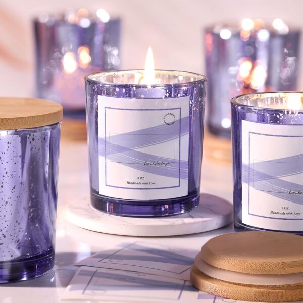 15 Pack Glass Candle Jars – 8oz Purple with Lids, 20 Labels, Mercury Glass for Candle Making