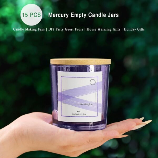 15 Pack Glass Candle Jars – 8oz Purple with Lids, 20 Labels, Mercury Glass for Candle Making - Image 3