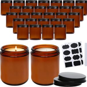 8oz Amber Glass Candle Jars – Set of 30, Round with Black Lids, for Candle Making & Storage