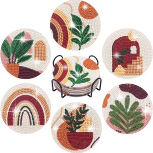 Diamond Painting Coasters Kit – 6 Pcs Abstract Plant Designs with Holder, DIY Art for Adults & Beginners