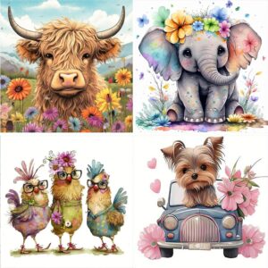 5D Diamond Painting Kit – 4 Pack Animal Designs, Full Drill Diamond Art for Adults, 13.78x13.78" Each