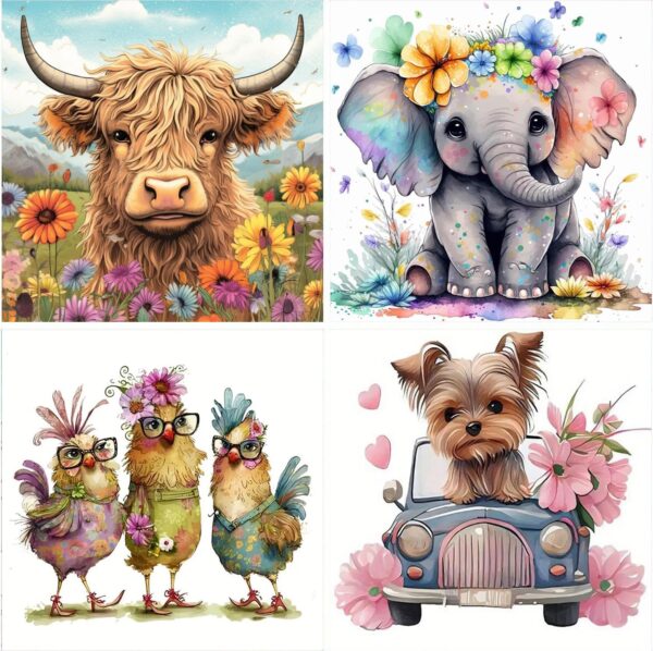 5D Diamond Painting Kit – 4 Pack Animal Designs, Full Drill Diamond Art for Adults, 13.78x13.78" Each