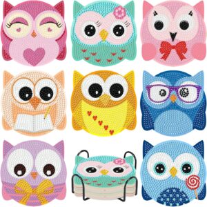8 PCS Owl Diamond Art Coasters with Holder – DIY Gem Painting Kit for Beginners & Adults