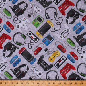 Cotton Video Game Controllers & Headphones Fabric, Gray