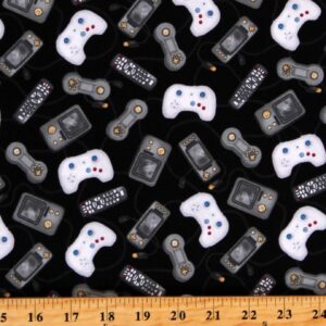 Cotton Video Game Controllers Fabric – Black & White, 44" for Kids & Tech Projects