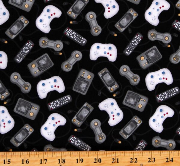 Cotton Video Game Controllers Fabric – Black & White, 44" for Kids & Tech Projects