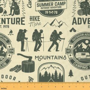 1 Yard Camper Adventure Fabric – Retro Car, Mountain Hiking & Camping Theme, Indoor/Outdoor Upholstery