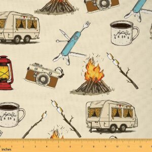 1 Yard Camping Theme Fabric – Cute Camper & Camera Print, Rustic Jungle Adventure Style for Indoor & Outdoor DIY