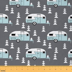 1 Yard Camper Fabric – Kids Cartoon RV Camping Theme, Grey, Indoor/Outdoor Upholstery & Crafts