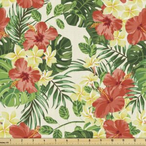 1 Yard Tropical Fabric – Exotic Floral Pattern with Plumeria, Hibiscus & Palm Leaves, Red/Yellow