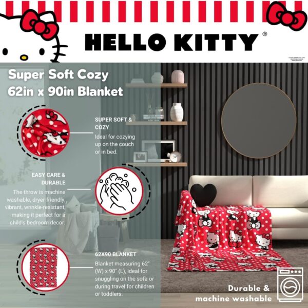 Hello Kitty Dots & Bows Cozy Blanket – 62" x 90" - Image 2