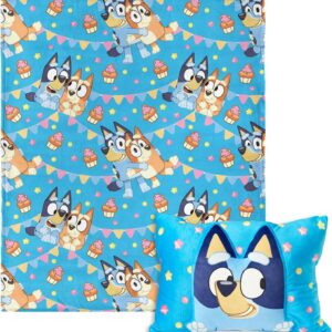 NORTHWEST Bluey Party Pups Silk Touch Throw Blanket 50 x 60 Inches with Plush Pocket Pillow 14 x 20 Inches - Comfy & Cozy Bluey Blanket & Pillow Set for Boys and Girls