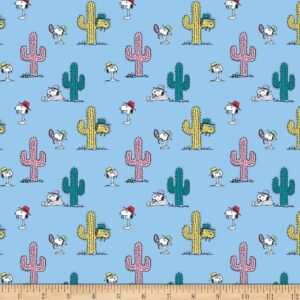 Peanuts Snoopy and Cacti Blue Quilt Fabric
