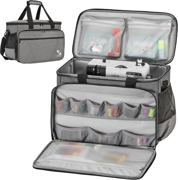 Golkcurx Sewing Machine Case with Removable Padding Pad, Tote Bag for Sewing Machine with Shoulder Strap for Most Standard Singer, Brother, Janome, Grey