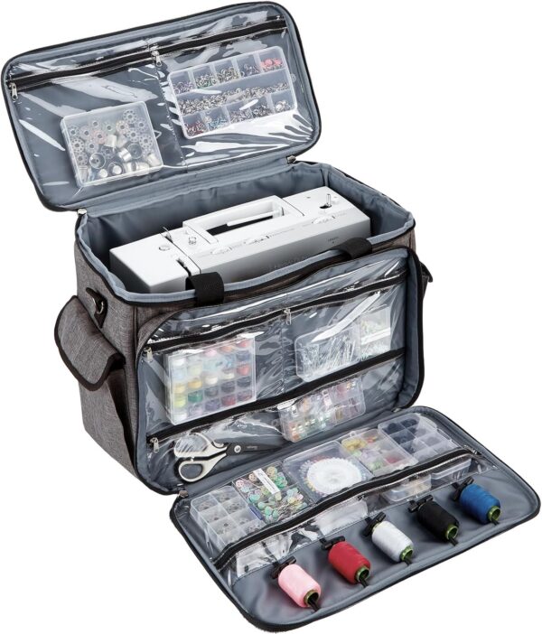 Sewing Machine Carrying Case – Universal Tote with Storage Pockets & Shoulder Strap, Grey - Image 2