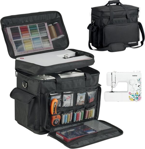 2-Layer Sewing Machine Case – Adjustable Shoulder Strap, Universal Tote for Machine & Accessories, Black