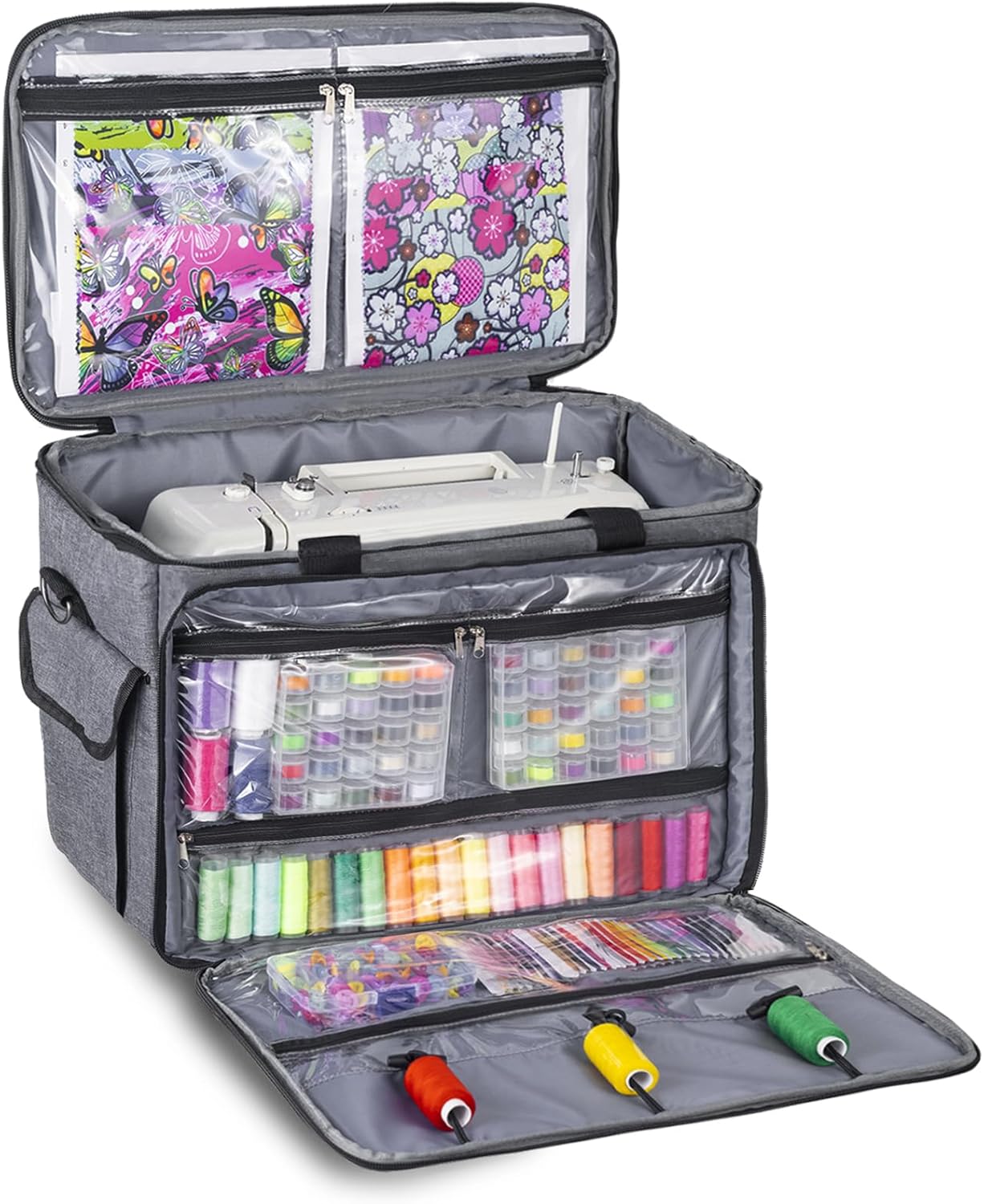 JJRING Sewing Machine Carrying Case, Portable Sewing Machine Bag with Shoulder Strap, Heavy Duty Sewing Machine Tote Suitable for Standard Sewing Machines, Grey