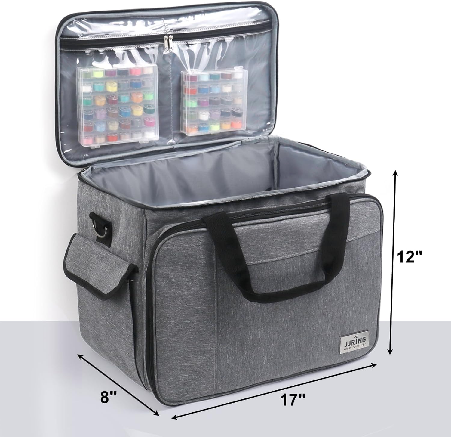 JJRING Sewing Machine Carrying Case, Portable Sewing Machine Bag with Shoulder Strap, Heavy Duty Sewing Machine Tote Suitable for Standard Sewing Machines, Grey - Image 2
