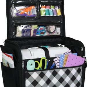 Everything Mary Rolling Sewing Machine Storage and Transport Tote – Durable 75D Polyester, Fits Most Standard Machines, Travel Bag with Wheels & Multiple Pockets – Buffalo Check
