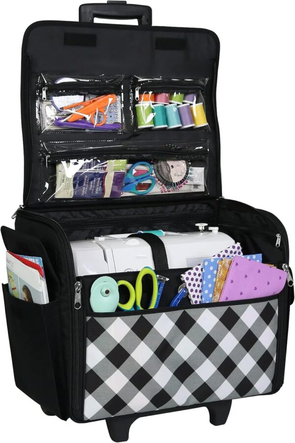 Everything Mary Rolling Sewing Machine Storage and Transport Tote – Durable 75D Polyester, Fits Most Standard Machines, Travel Bag with Wheels & Multiple Pockets – Buffalo Check
