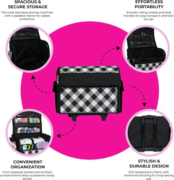 Everything Mary Rolling Sewing Machine Storage and Transport Tote – Durable 75D Polyester, Fits Most Standard Machines, Travel Bag with Wheels & Multiple Pockets – Buffalo Check - Image 2