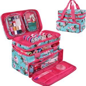 Sewing Accessories Organizer – Double-Layer Bag with 2 Pouches & 18 Compartments, Turquoise Floral