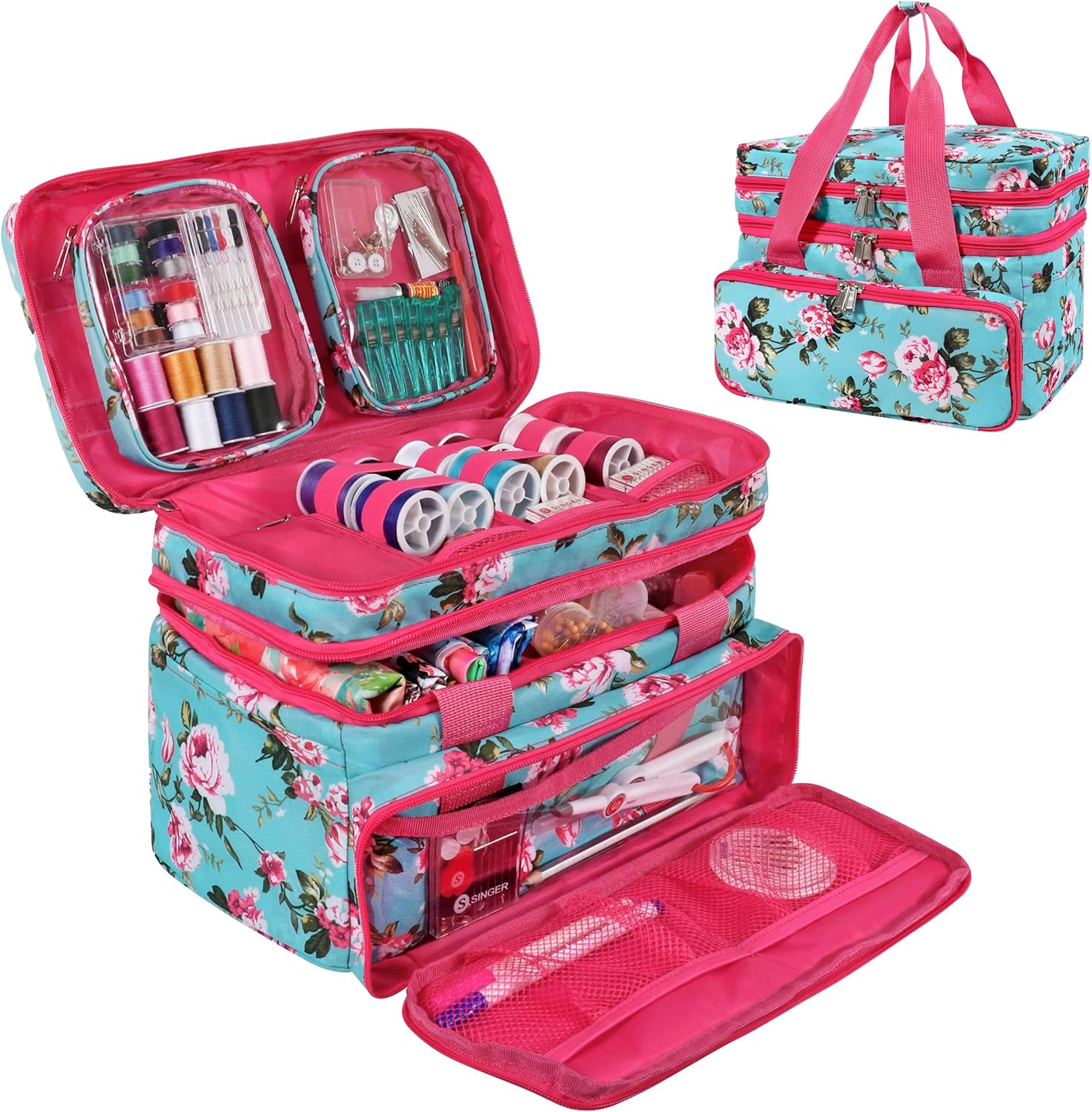 Sewing Accessories Organizer – Double-Layer Bag with 2 Pouches & 18 Compartments, Turquoise Floral