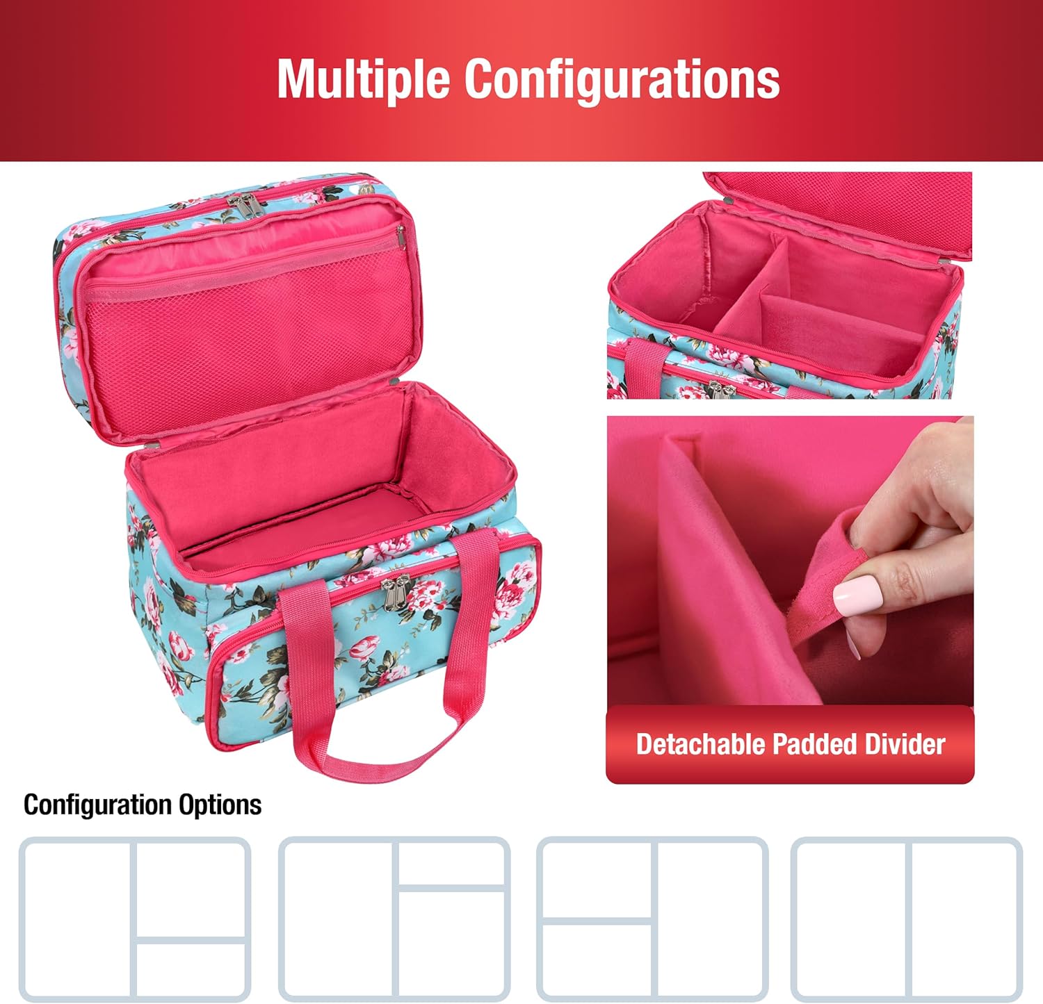 Sewing Accessories Organizer – Double-Layer Bag with 2 Pouches & 18 Compartments, Turquoise Floral - Image 3