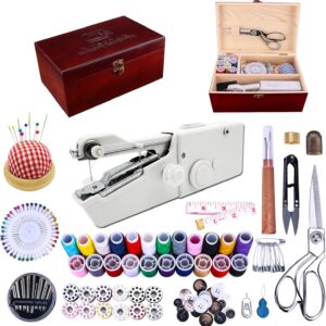 Handheld Sewing Machine, with Elegant Wooden Sewing Box and 153-Piece Sewing Kit, Mini Portable Cordless Hand held Sewing Machine, Perfect for Adults, Beginners, and Quick Home Repairs
